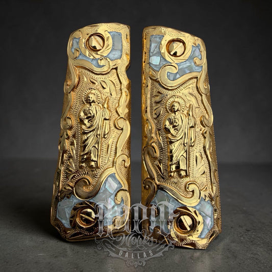 1911 45 38 Super Full Size San Judas Gold Gun Pistol Grip Cachas & 24K Screws