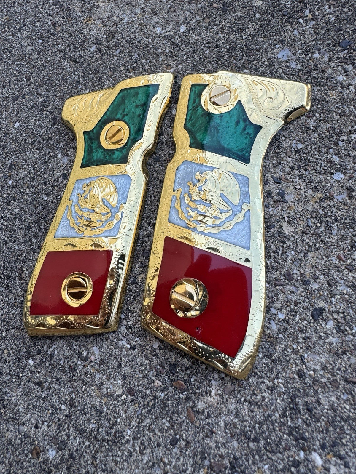 Beretta 92FS Cachas Mexican Flag Gold Plated Pistol Custom Grips & Gold Screws