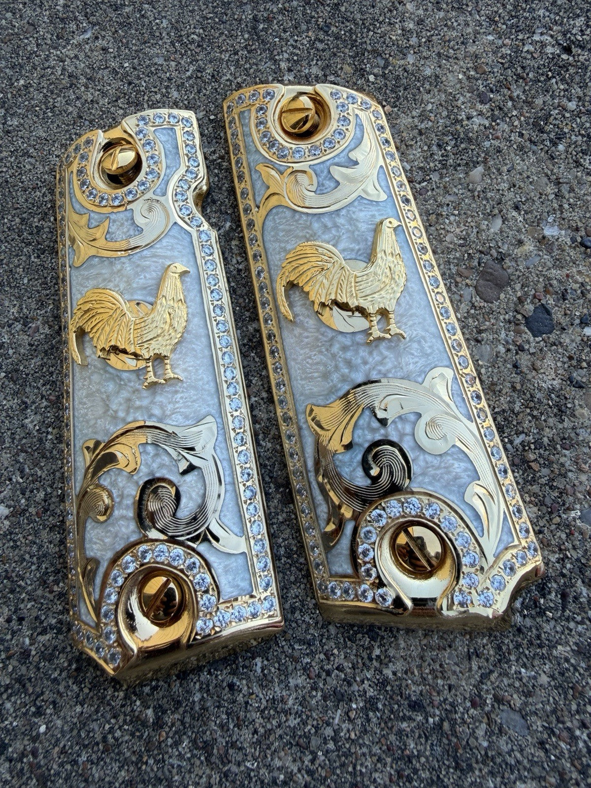 1911 ZIRCONIA 45 38 SUPER GALLO GOLD GUN PISTOL GRIP CACHAS & 24K SCREWS