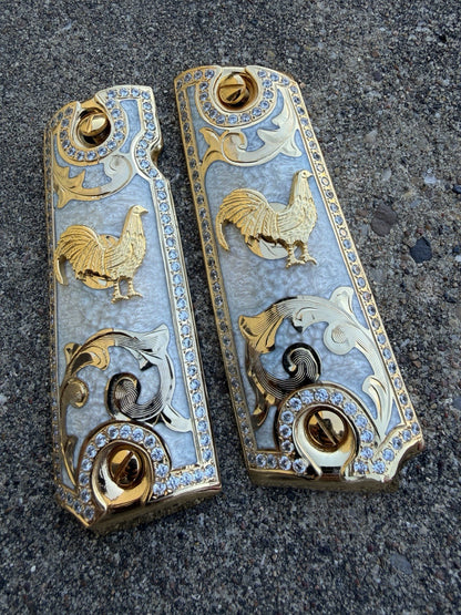 1911 ZIRCONIA 45 38 SUPER GALLO GOLD GUN PISTOL GRIP CACHAS & 24K SCREWS