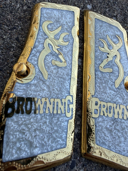 Browning Hi-Power 9mm Gold Gun Pistol Grip Cachas & 2 24K Screws