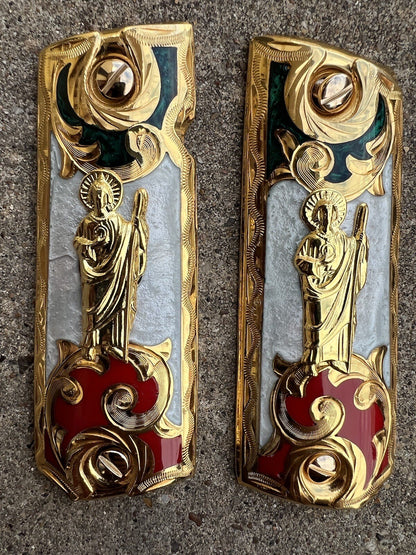 1911 45 38 Super Full Size San Judas Gold Gun Pistol Grip Cachas & 24K Screws