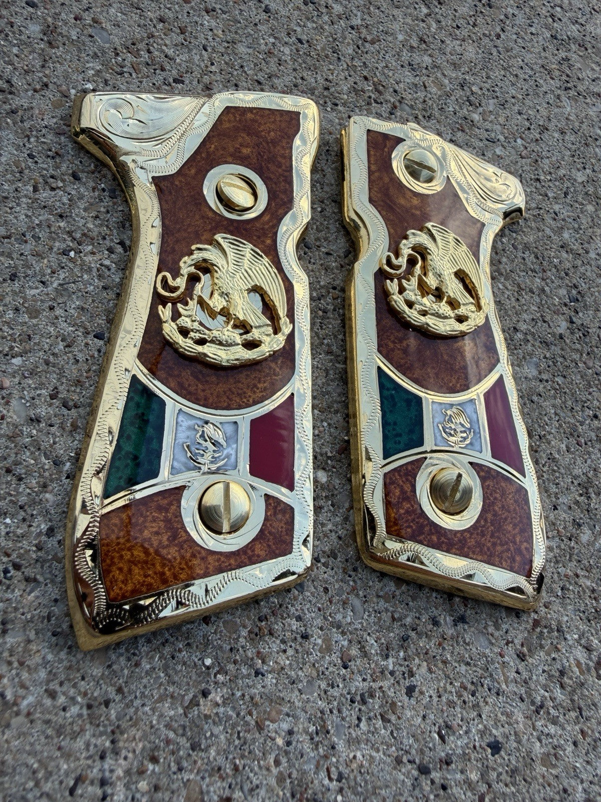 Beretta 92FS Cachas Mexican Eagle Gold Plated Pistol Custom Grips & Gold Screws