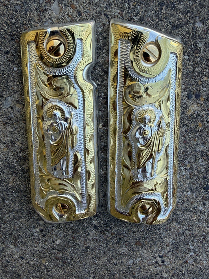 1911 45 38 Super Full Size San Judas Gold Gun Pistol Grip Cachas & 24K Screws