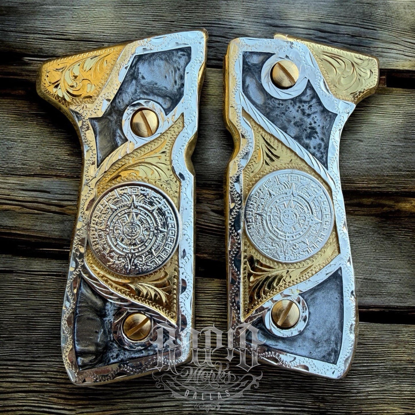 Beretta 92FS Cachas Azteca Gold Plated Pistol Custom Grips & Gold Screws