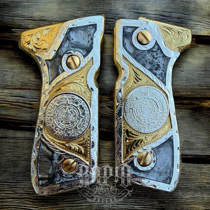 Beretta 92FS Cachas Azteca Gold Plated Pistol Custom Grips & Gold Screws