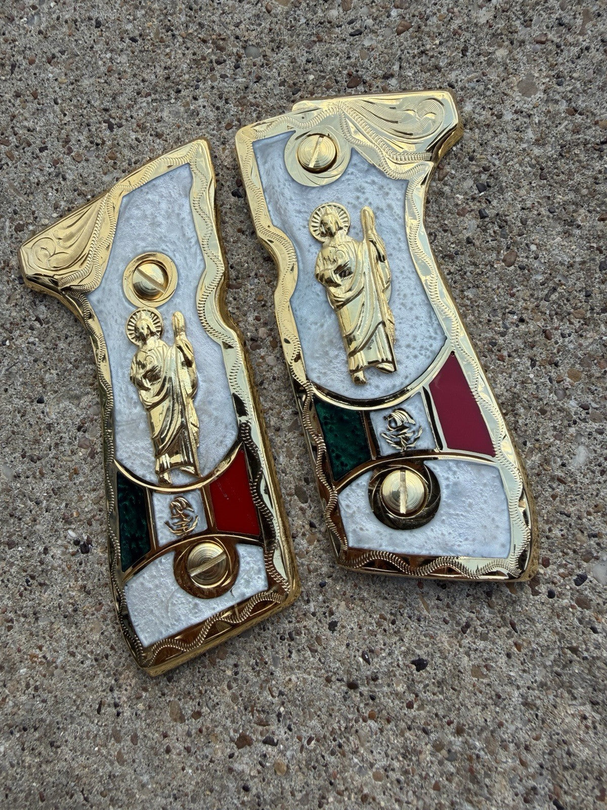 Beretta 92FS Cachas San Judas Gold Plated Pistol Custom Grips & Gold Screws