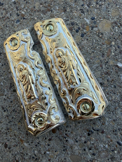 1911 45 38 Super Full Size San Judas Gold Gun Pistol Grip Cachas & 24K Screws