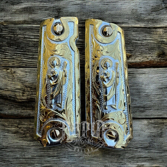 1911 45 38 Super San Judas Full Size Gold Gun Pistol Grip Cachas & 24K Screws