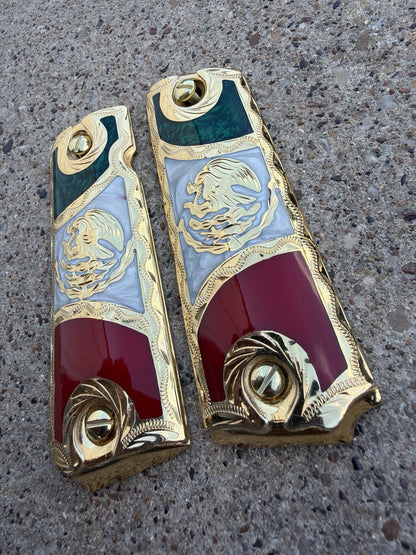 1911 45 38 Super Full Size Mexican Flag Gold Gun Pistol Grip Cachas & 24K Screws