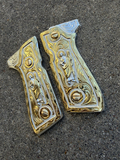 Beretta 92FS Cachas San Judas Gold Plated Pistol Custom Grips & Gold Screws