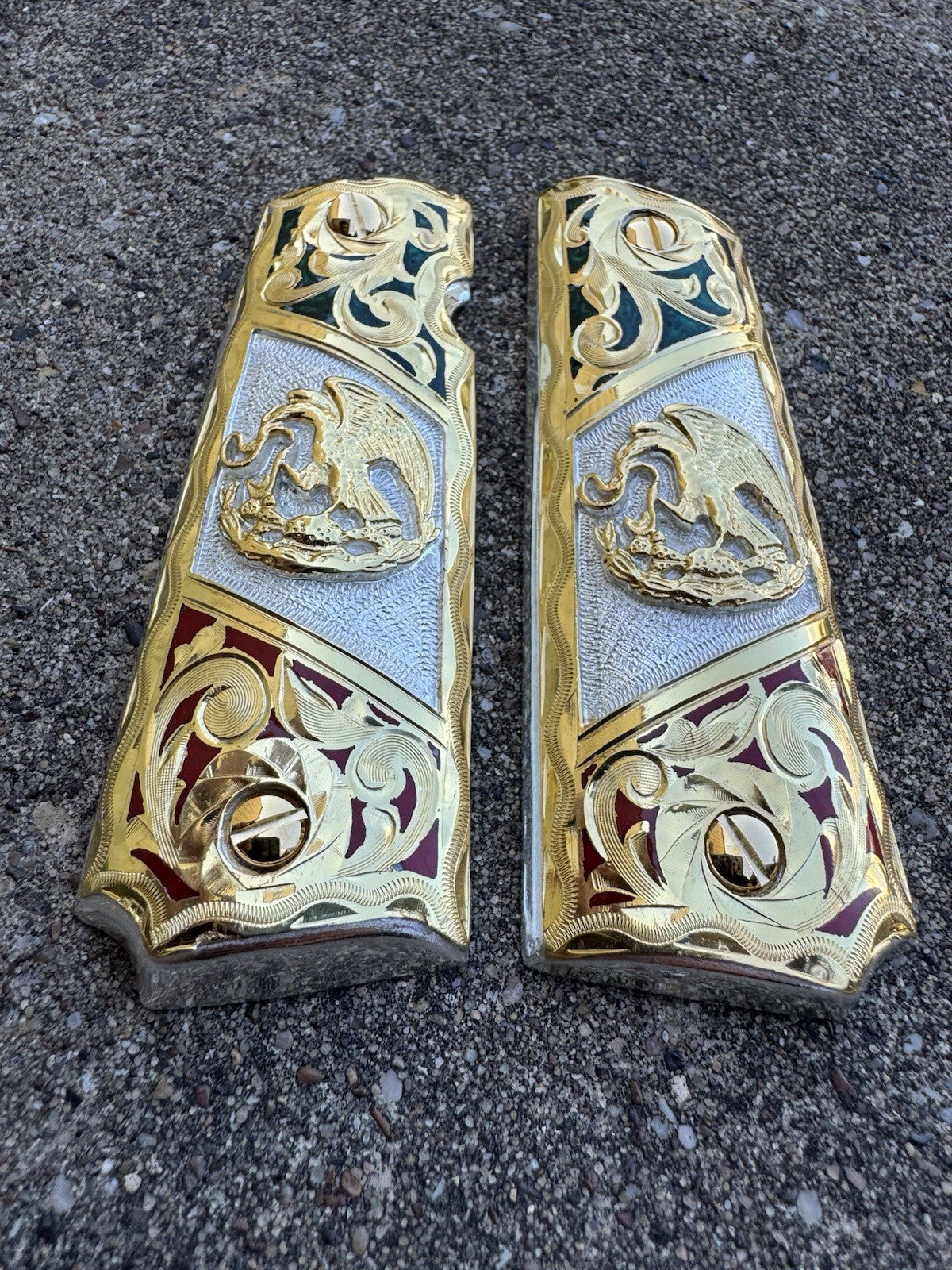 1911 45 38 Super Full Size Mexican Flag Gold Gun Pistol Grip Cachas & 24K Screws
