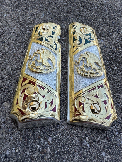1911 45 38 Super Full Size Mexican Flag Gold Gun Pistol Grip Cachas & 24K Screws