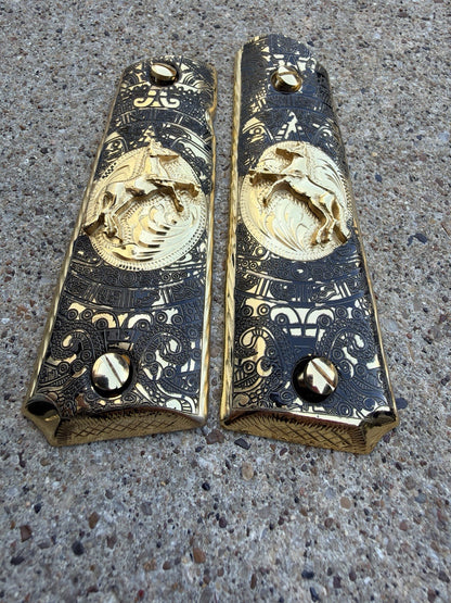 1911 45 38 Super Full Size Horse Aztec Gold Gun Pistol Grip Cachas & 24K Screws