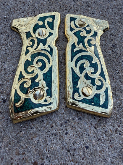 Beretta 92FS Cachas Scroll Gold Plated Pistol Custom Grips & Gold Screws