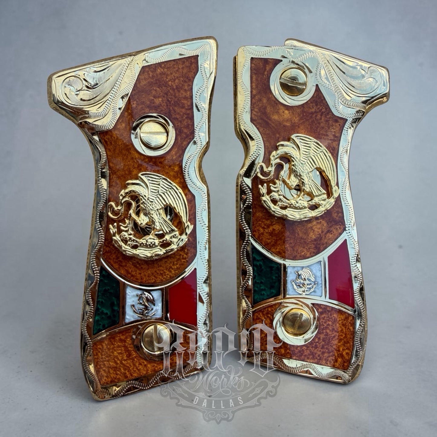 Beretta 92FS Cachas Mexican Eagle Gold Plated Pistol Custom Grips & Gold Screws