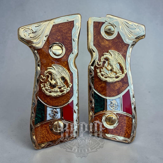 Beretta 92FS Cachas Mexican Eagle Gold Plated Pistol Custom Grips & Gold Screws
