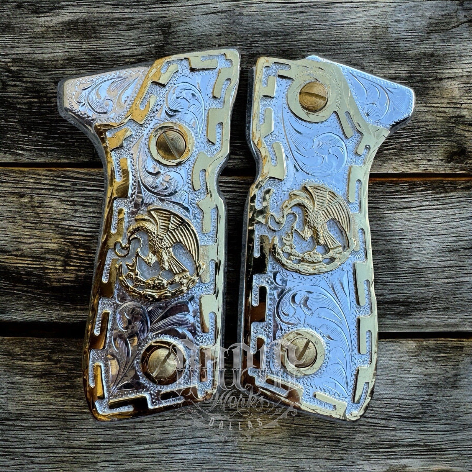 Beretta 92FS Cachas Mexican Eagle Gold Plated Pistol Custom Grips & Gold Screws