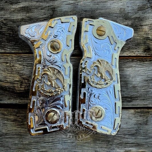 Beretta 92FS Cachas Mexican Eagle Gold Plated Pistol Custom Grips & Gold Screws