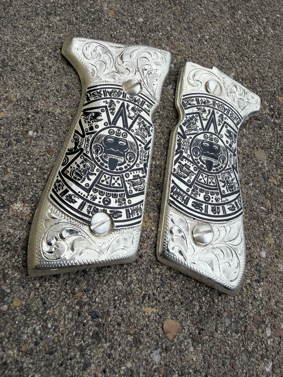 Beretta 92FS Cachas Aztec Gold Plated Pistol Custom Grips & Silver Screws