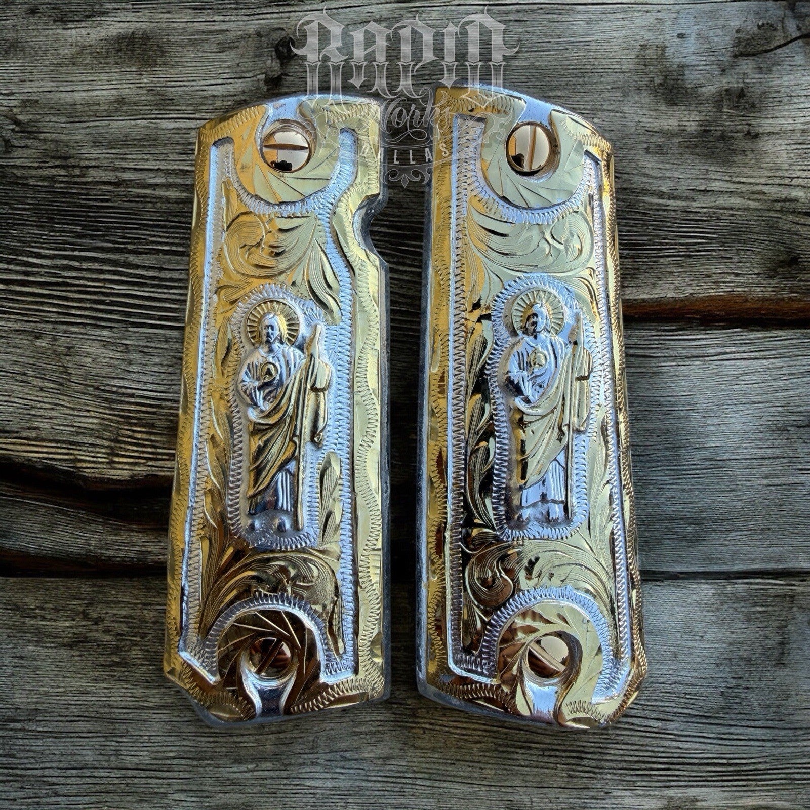 1911 45 38 Super Full Size San Judas Gold Gun Pistol Grip Cachas & 24K Screws