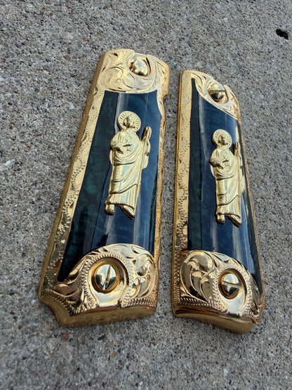 1911 45 38 Super Full Size San Judas Gold Gun Pistol Grip Cachas & 24K Screws
