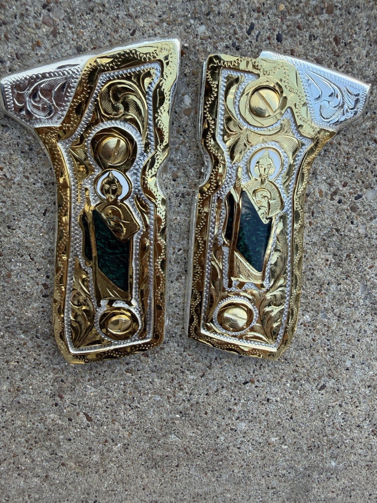 Beretta 92FS Cachas San Judas Gold Plated Pistol Custom Grips & Gold Screws