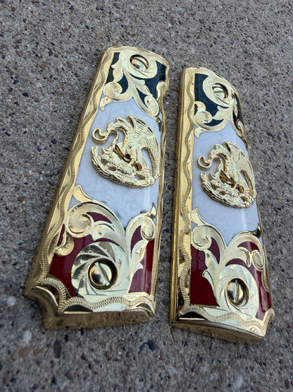 1911 45 38 Super Full Size Mexican Eagle Gold Gun Pistol Grip Cachas & 24K Screw