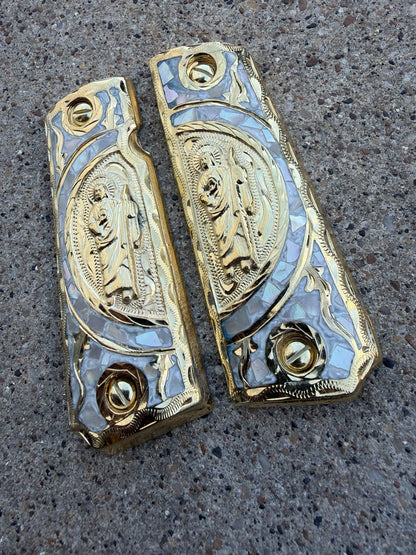 1911 45 38 Super Full Size San Judas Gold Gun Pistol Grip Cachas & 24K Screws