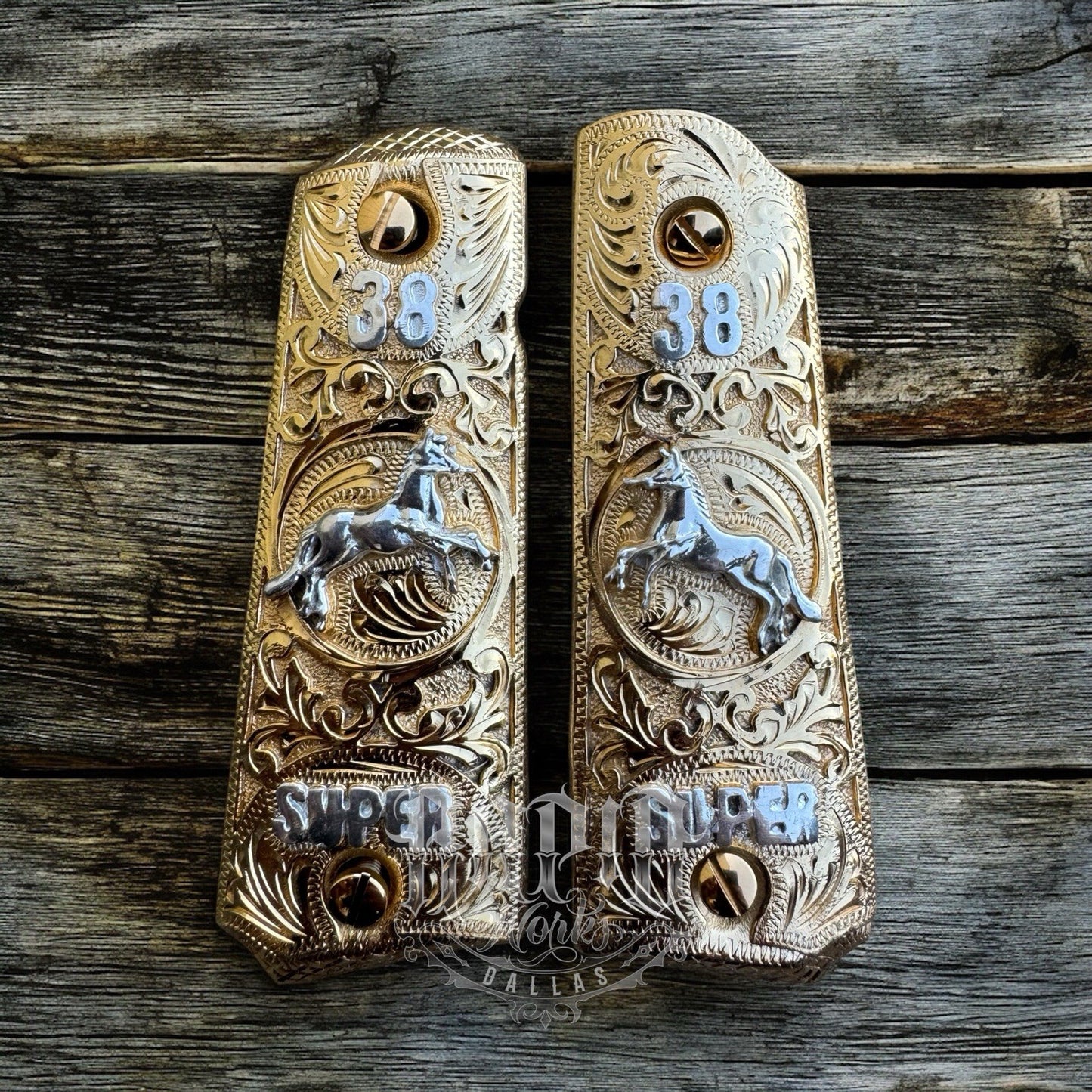 1911 45 38 Super Full Size Horse Gold Gun Pistol Grip Cachas & 24K Screws
