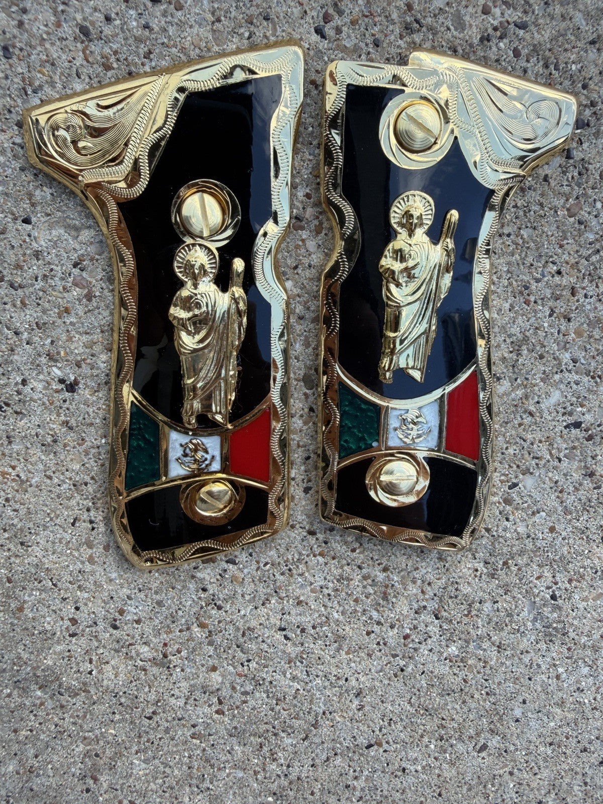 Beretta 92FS Cachas San Judas Gold Plated Pistol Custom Grips & Gold Screws