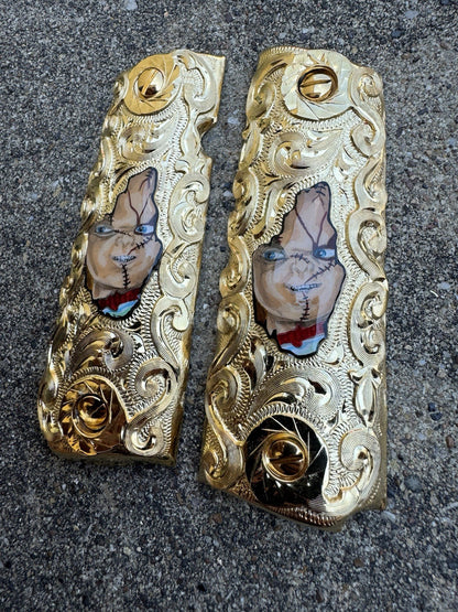 1911 45 38 Super Chucky Full Size Gold Gun Pistol Grip Cachas & 24K Screws