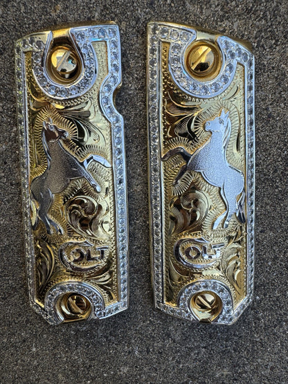 1911 ZIRCONIAS 45 38 SUPER COLT HORSE GOLD GUN PISTOL GRIP CACHAS & 24KSCREW