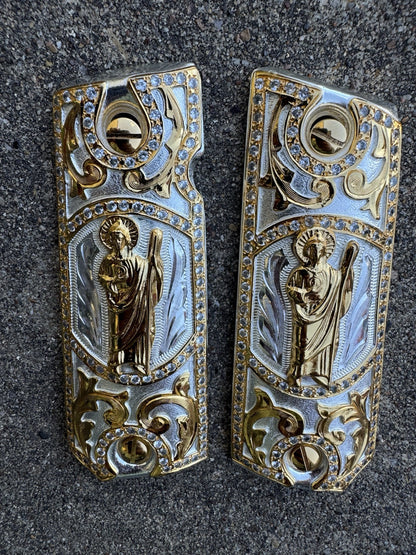 1911 ZIRCONIA 45 38 SUPER COLT SAN JUDAS GOLD GUN PISTOL GRIP CACHAS & 24KSCREW