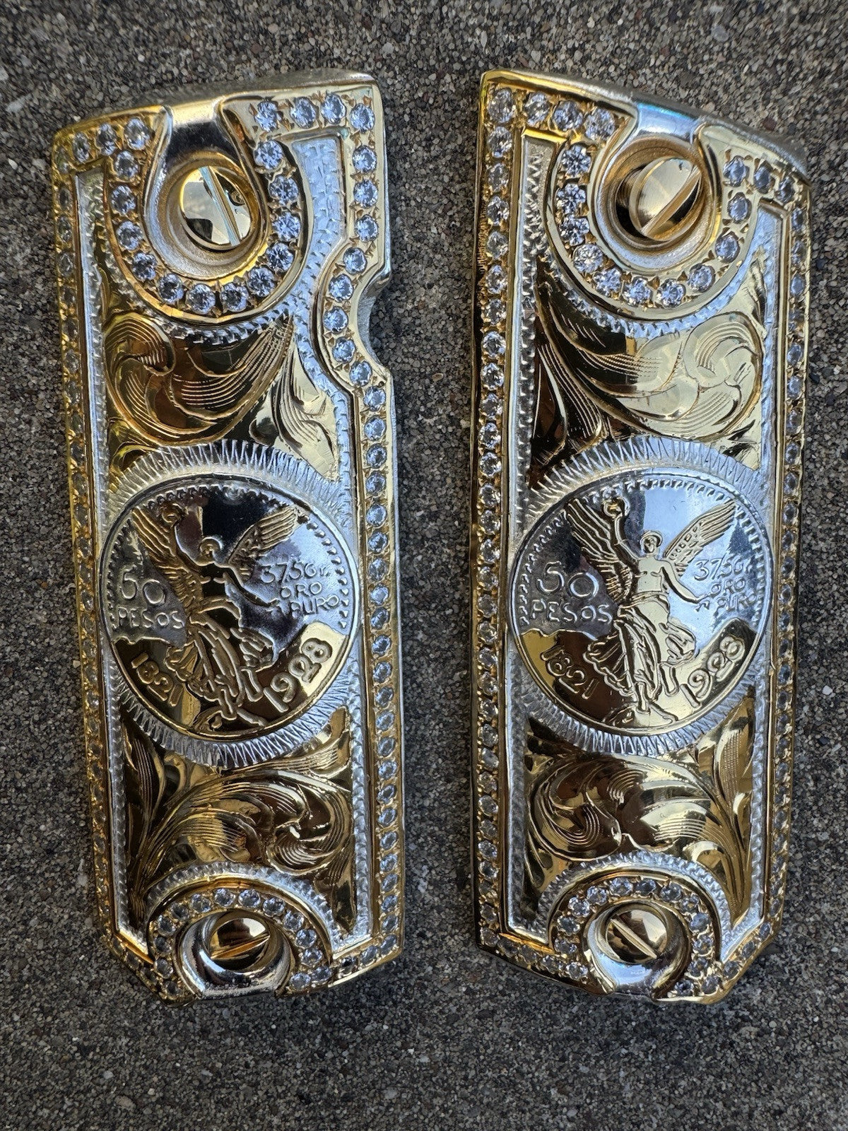 1911 ZIRCONIA 45 38 SUPER COLT CENTENARIO GOLD GUN PISTOL GRIP CACHAS & 24KSCREW