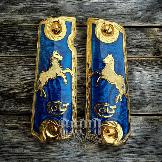 1911 45 38 Super Full Size Blue Horse Gold Gun Pistol Grip Cachas & 24K Screws