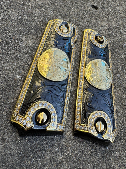 1911 ZIRCONIA 45 38 SUPER COLT CENTENARIO GOLD GUN PISTOL GRIP CACHAS & 24KSCREW