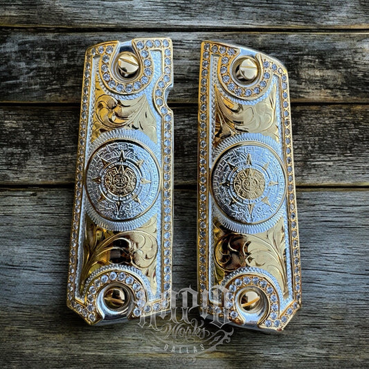 1911 ZIRCONIA 45 38 SUPER COLT AZTEC GOLD GUN PISTOL GRIP CACHAS & 24KSCREW