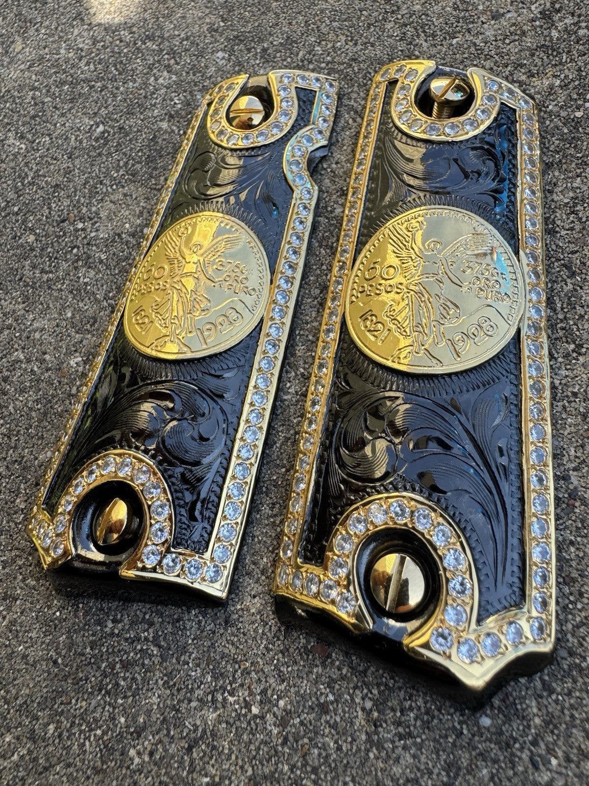1911 ZIRCONIA 45 38 SUPER COLT CENTENARIO GOLD GUN PISTOL GRIP CACHAS & 24KSCREW