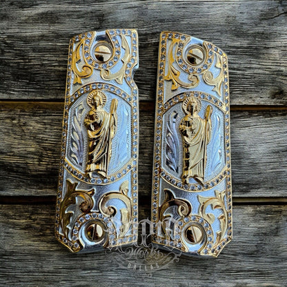 1911 ZIRCONIA 45 38 SUPER COLT SAN JUDAS GOLD GUN PISTOL GRIP CACHAS & 24KSCREW