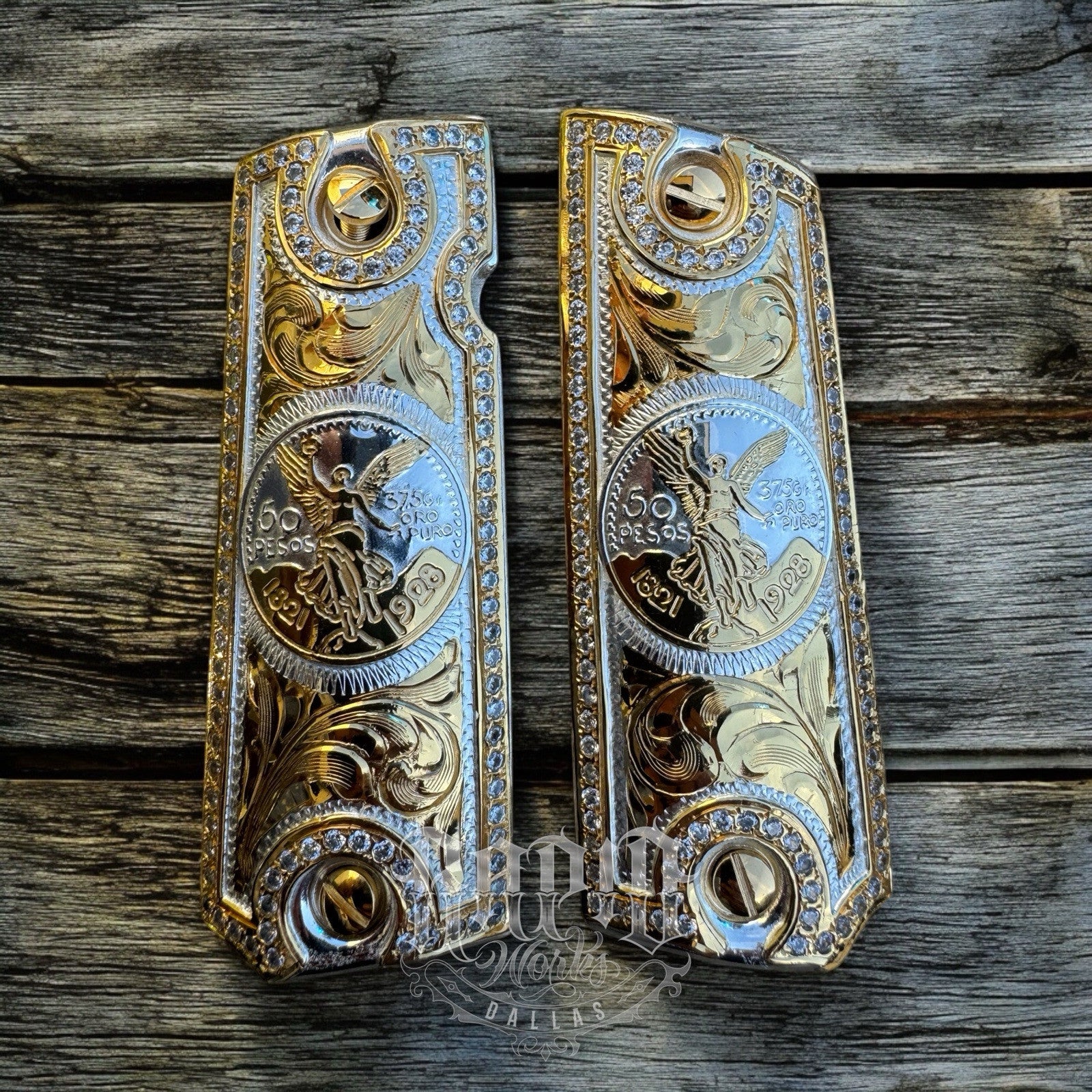 1911 ZIRCONIA 45 38 SUPER COLT CENTENARIO GOLD GUN PISTOL GRIP CACHAS & 24KSCREW