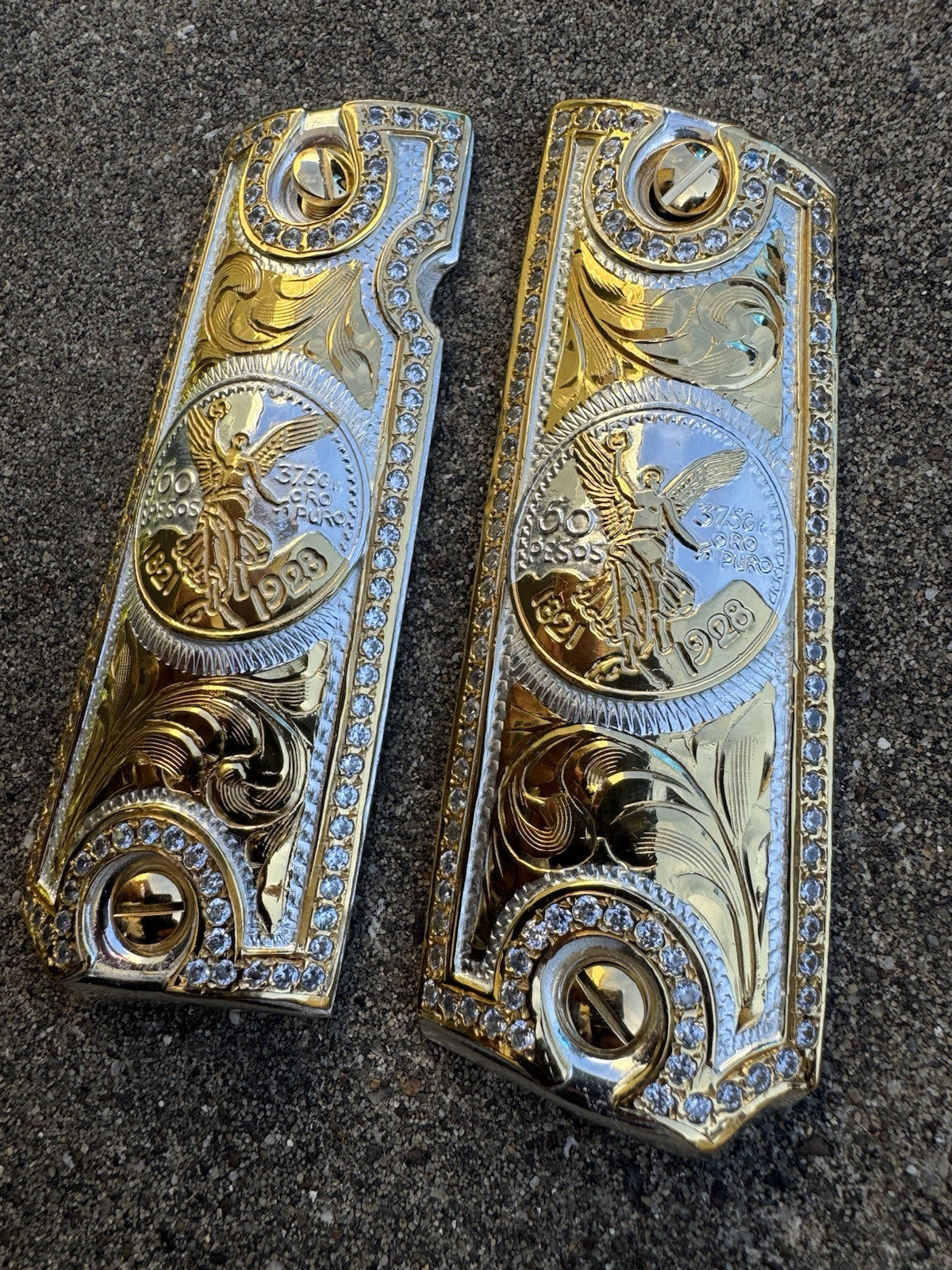 1911 ZIRCONIA 45 38 SUPER COLT CENTENARIO GOLD GUN PISTOL GRIP CACHAS & 24KSCREW