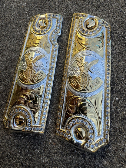 1911 ZIRCONIA 45 38 SUPER COLT CENTENARIO GOLD GUN PISTOL GRIP CACHAS & 24KSCREW