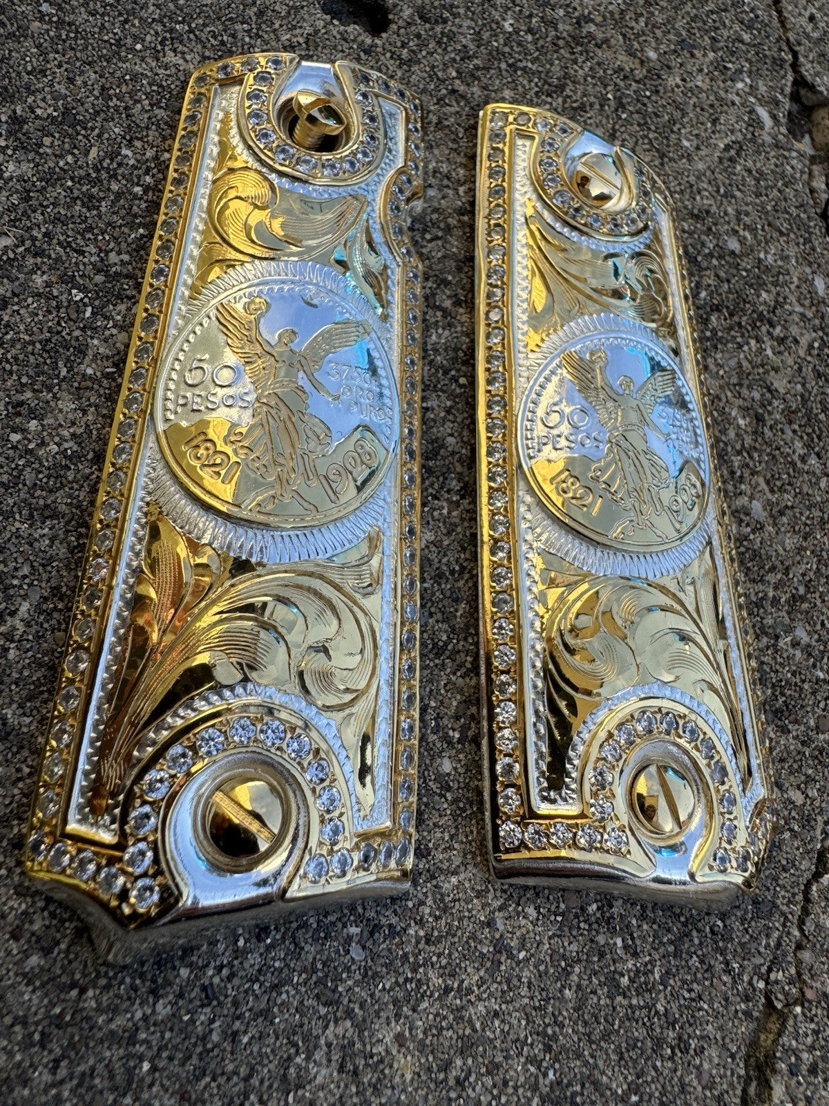 1911 ZIRCONIA 45 38 SUPER COLT CENTENARIO GOLD GUN PISTOL GRIP CACHAS & 24KSCREW