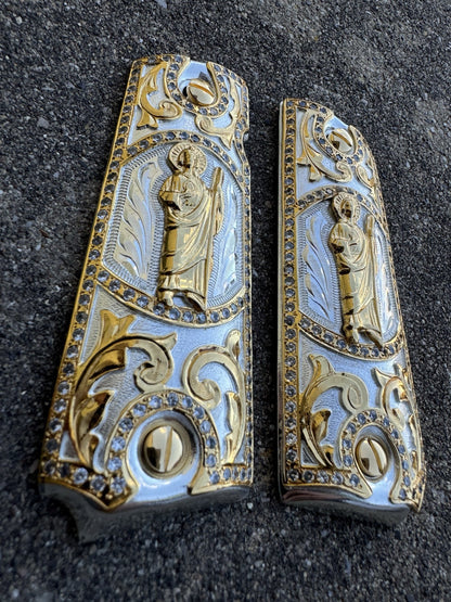 1911 ZIRCONIA 45 38 SUPER COLT SAN JUDAS GOLD GUN PISTOL GRIP CACHAS & 24KSCREW
