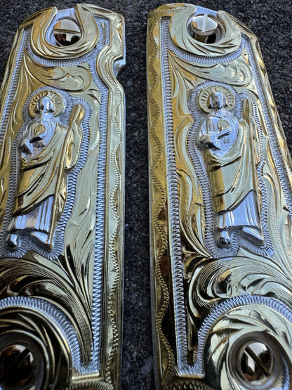 1911 Full Size 45 38 Super San Judas Gold Gun Pistol Grip Cachas & 24K Screws