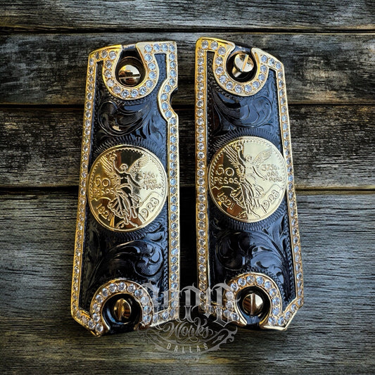 1911 ZIRCONIA 45 38 SUPER COLT CENTENARIO GOLD GUN PISTOL GRIP CACHAS & 24KSCREW