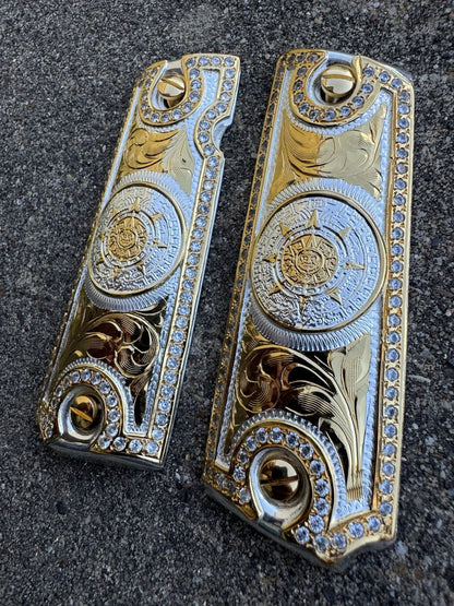 1911 ZIRCONIA 45 38 SUPER COLT AZTEC GOLD GUN PISTOL GRIP CACHAS & 24KSCREW