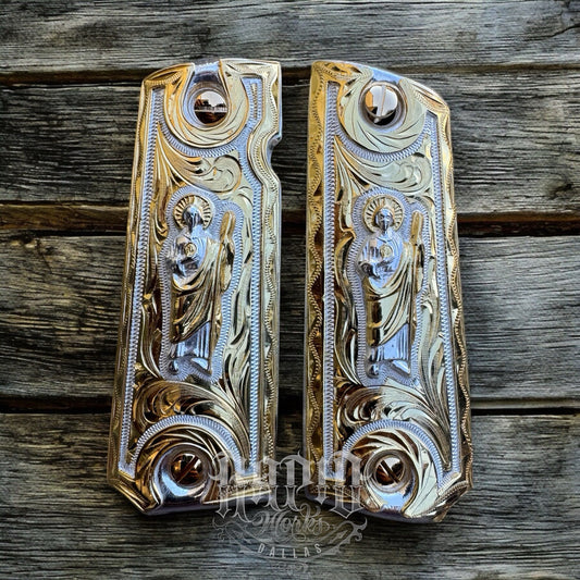 1911 Full Size 45 38 Super San Judas Gold Gun Pistol Grip Cachas & 24K Screws