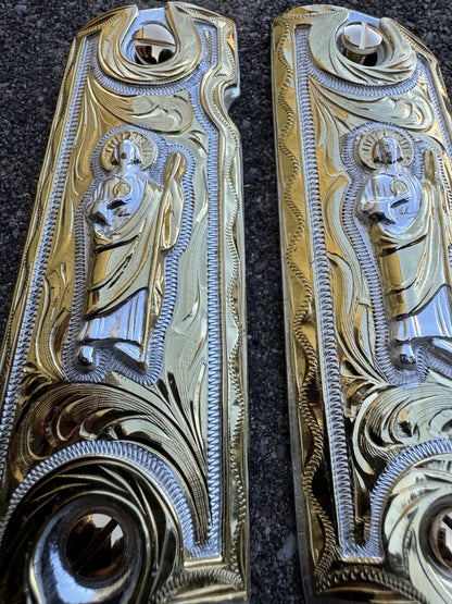 1911 Full Size 45 38 Super San Judas Gold Gun Pistol Grip Cachas & 24K Screws
